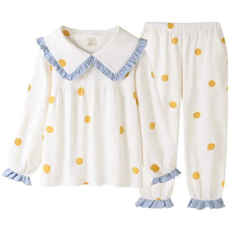 QWEEK Kawaii Pajama Womens Two Piece Sets Polka Dots Ruffles Pijamas Navy Collar Sleepwear  Loungewear Spring Autumn Pyjamas