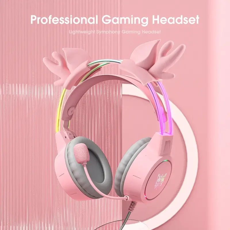 

Pro Cute Deer Ear Gaming Headphones Wired Headphone Stereo Headset With Mic Gaming Headset Christmas Gift Girl' S Gift - Pink