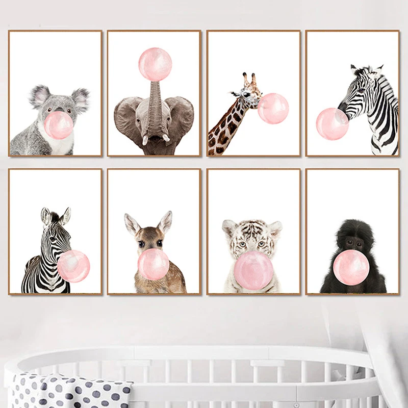 

Pink Bubble Elephant Giraffe Poster Print Animal Nursery Wall Art Canvas Painting Child Picture Nordic Kids Baby Room Decoration