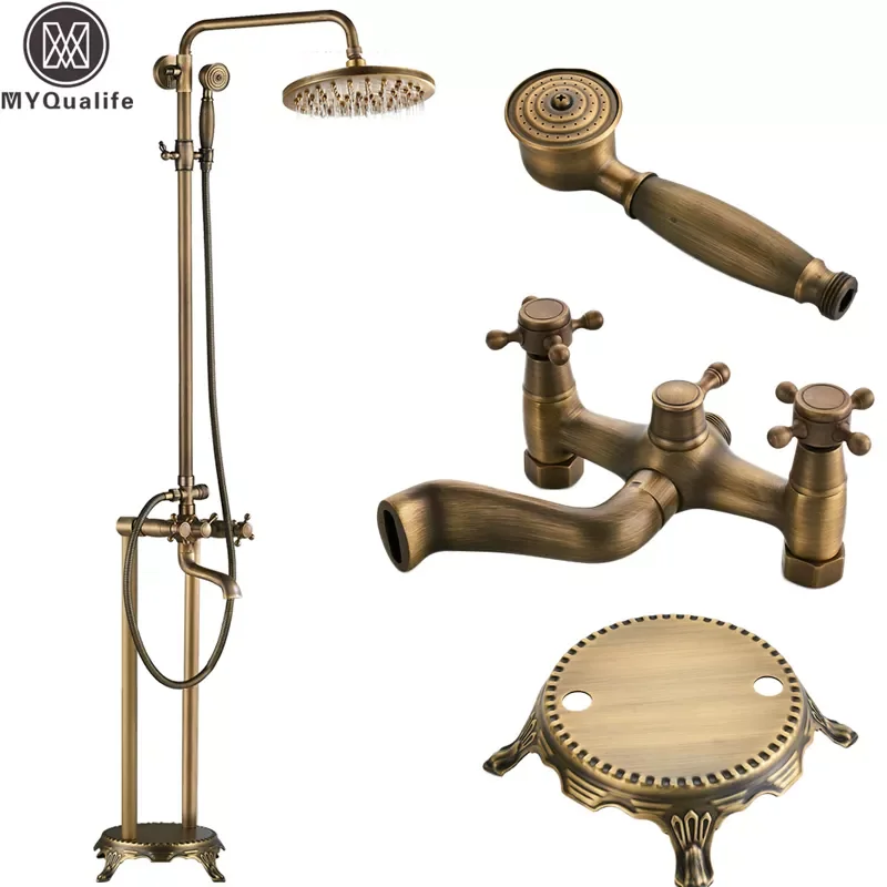 

Floor Mounted Bath Tub Faucet Clawfoot Free Standing Bath Shower Mixer Tap with Handshower 8" Rainfall Shower System