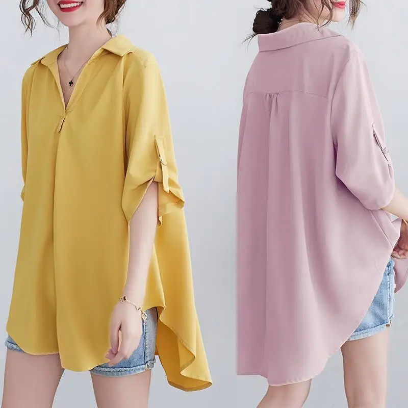 

Chiffon Shirts Women's Summer Korean Large Size Loose Mother Blouses Middle-aged Female Mid-Long A-line Blusa Blouse Mujer Tops