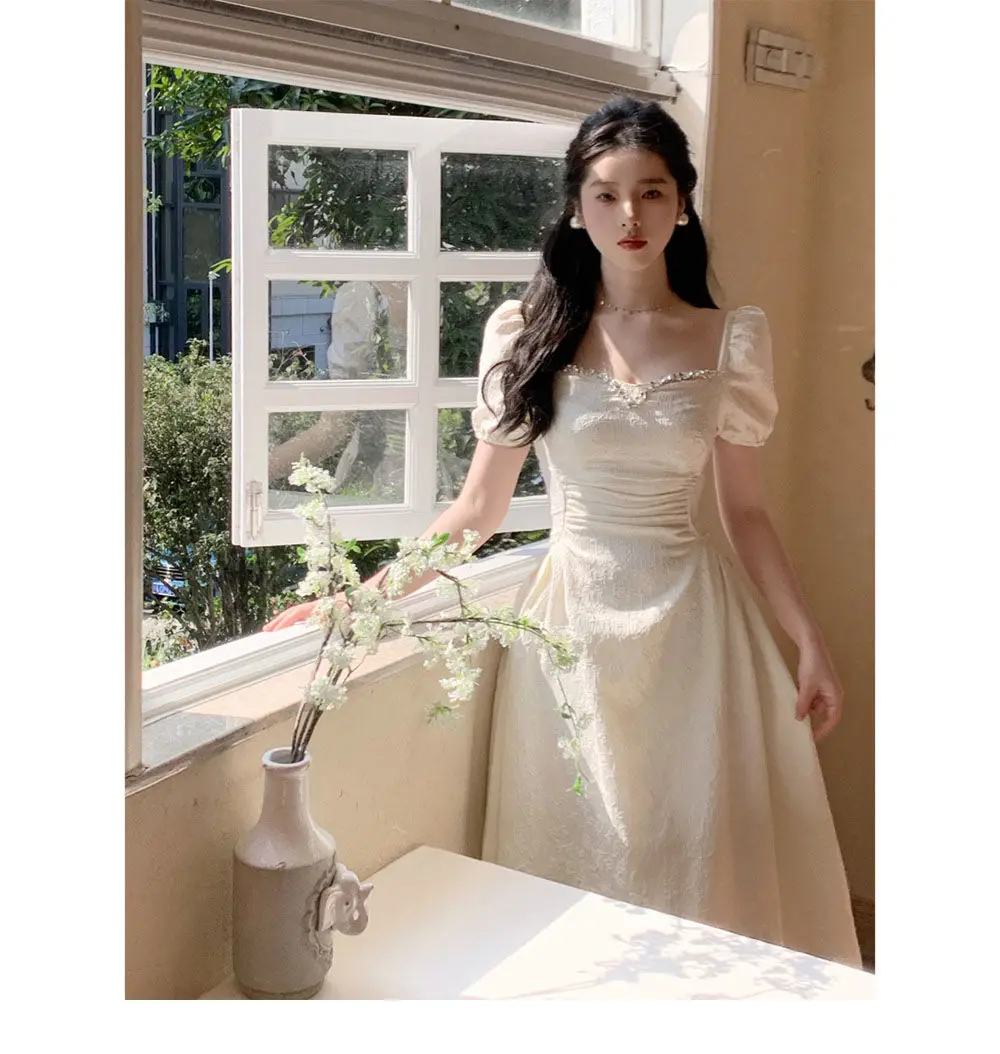 

Elegant Evening Party White Midi Dresses for Women 2023 Summer New Vintage Fashion A Line Korean Clothes Female Dress Vestidos