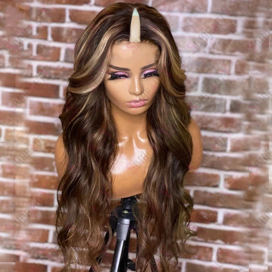 

Brown Body Wave Highlights Honey Blonde 1X4 V Part Wigs Unprocessed 100% Human Hair Glueless Full Machine Made Wig