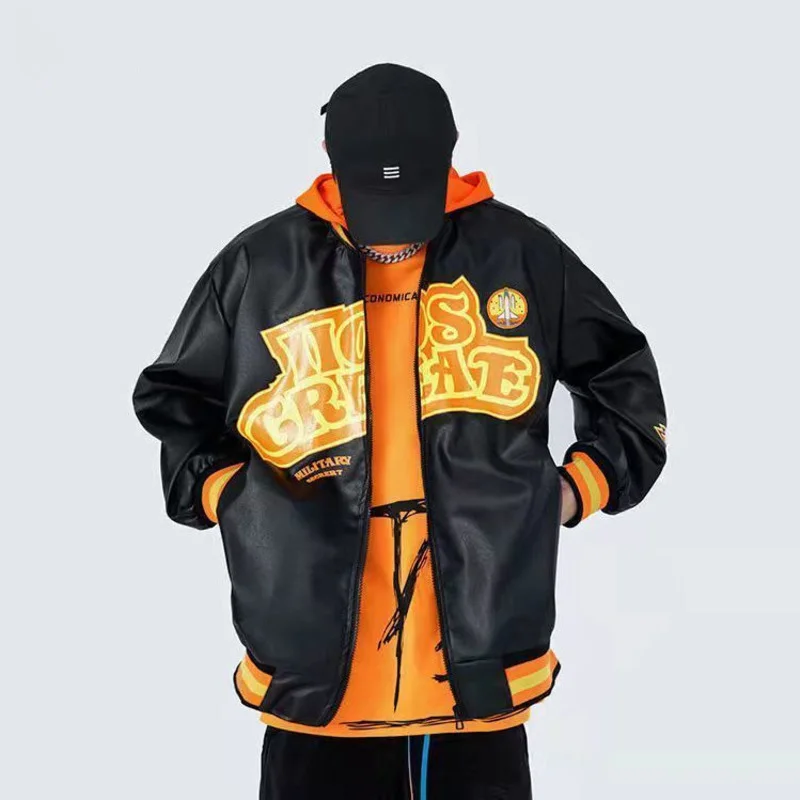 

Hooded Pu Leather Jacket Men Vintage Motorcycle Zip Print Baseball Bomber College Varsity Jacket Women Hip Hop Coats Oversize