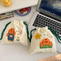 cartoon cute tiger pencil case drawstring bag wash supplies cosmetic stationery storage bag large capacity corduroy embroidery