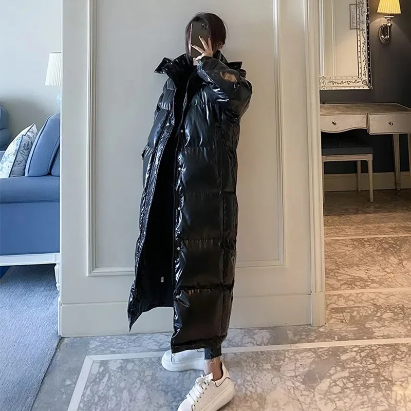 Silver Shiny Down Padded Jacket Women's Mid-Length 2022 Winter New Korean Version Loose Over-The-Knee Warm Fashion Parkas Female