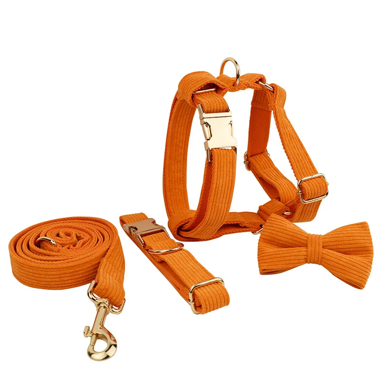 

Orange corduroy Dog Collar And Leash Set For Dogs Custom Engraved Nameplate Pet Supplies Dog Leash