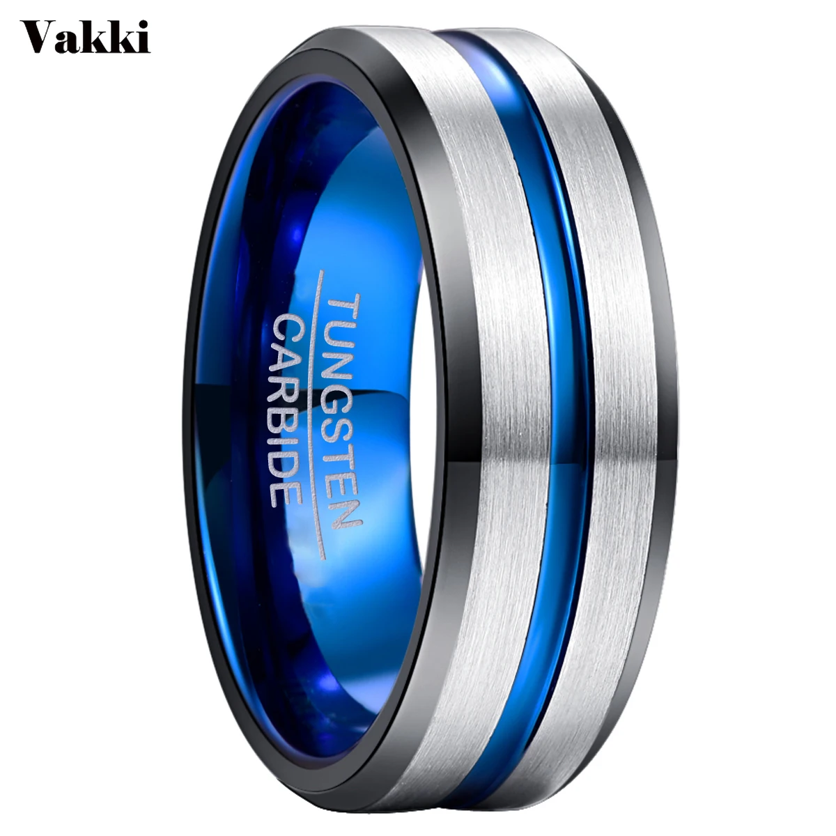 

VAKKI 8mm Width Tungsten Men's Ring Black Electroplated Inner Ring Bevel + Blue Groove / Steel Frosted Tungsten Steel Ring
