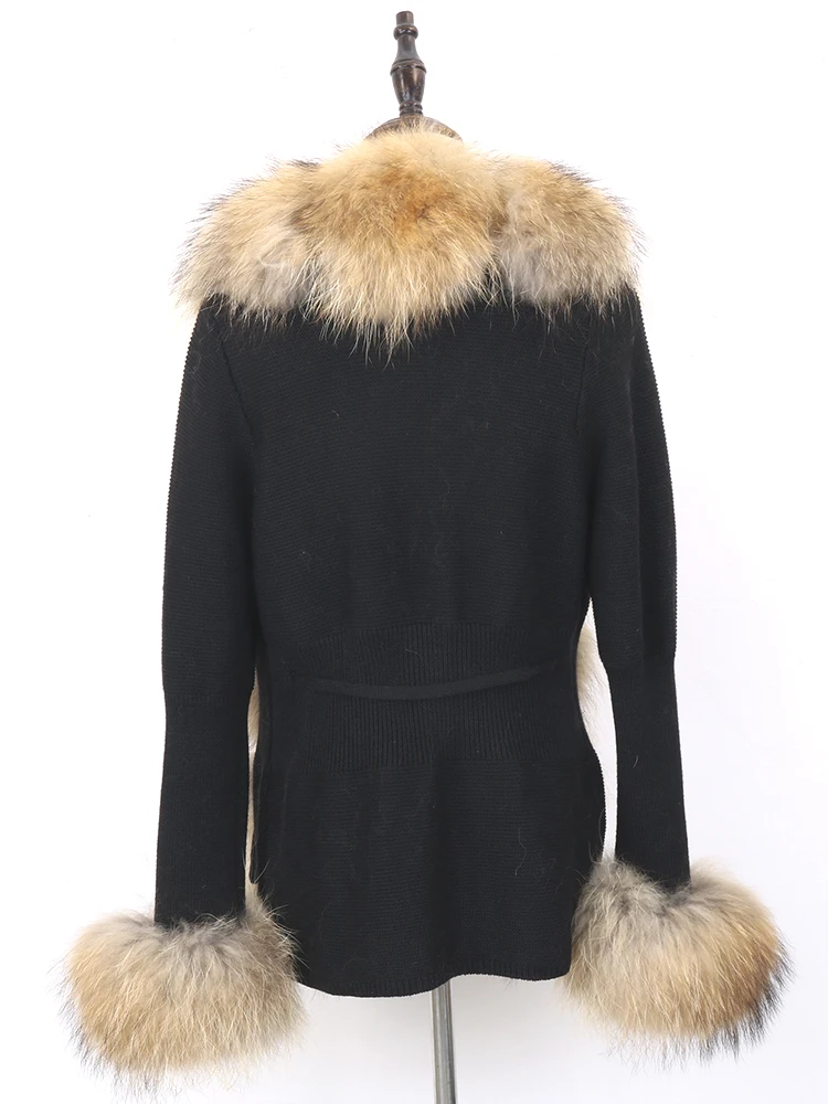 New Casual Autum Winter Wool Knitted Sweater Women Real Fox Fur Coat Natural Fox Fur Collar Hooded Cardigan Fashion Streetwear