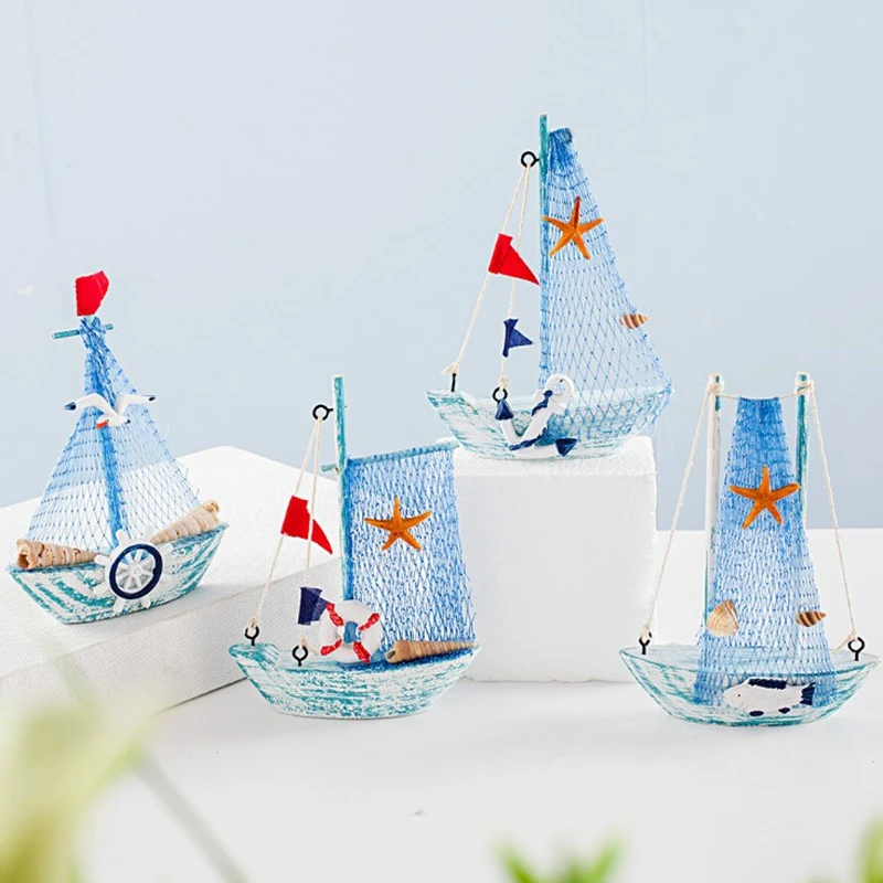 

15CM Marine Nautical Creative Sailboat Mediterranean Style Wooden Blue SailBoat Room Garden Decor Figurines Small Boat Ornament
