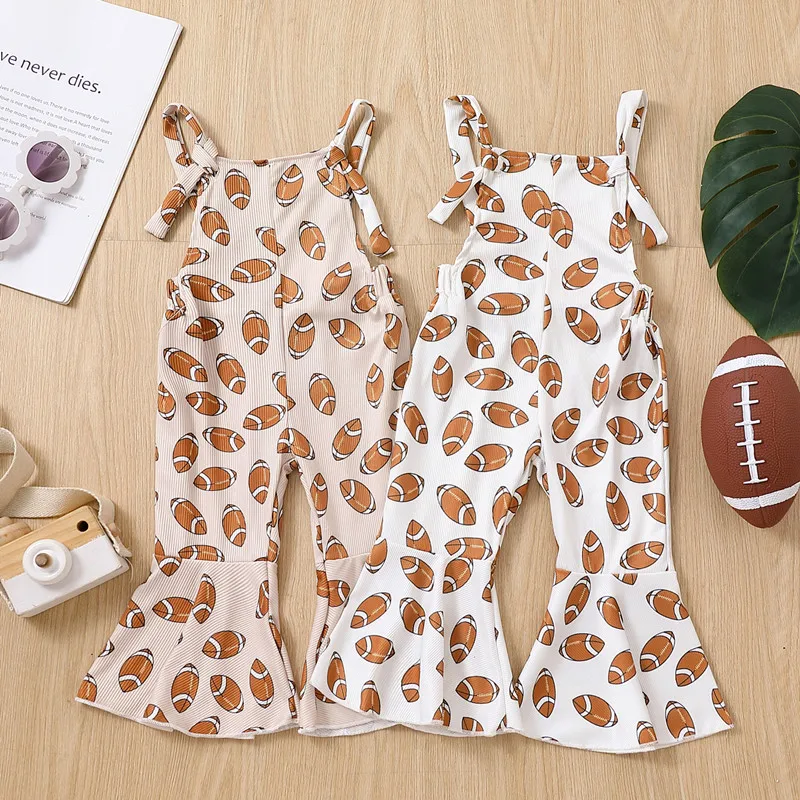 

Kids Girls Rugby Print Jumpsuits Sleeveless Backless Bell-Bottoms Football Printed Romper Playsuits Kids Overalls