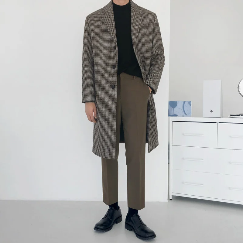Woolen Plaid Coat Men's Mid Long Autumn Winter Thickened Korean Handsome Trend Windbreaker Over Knee Tweed Coat New