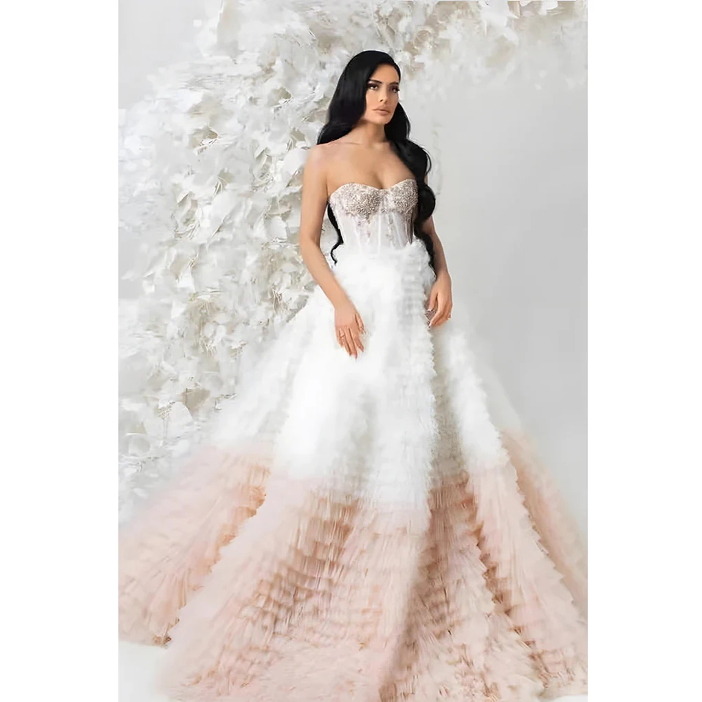 

Dreamlike Mix Color Tiered Tulle Bridal Dresses Sweetheart Crystal Beaded A-line Wedding Gowns Garden Prom Gowns