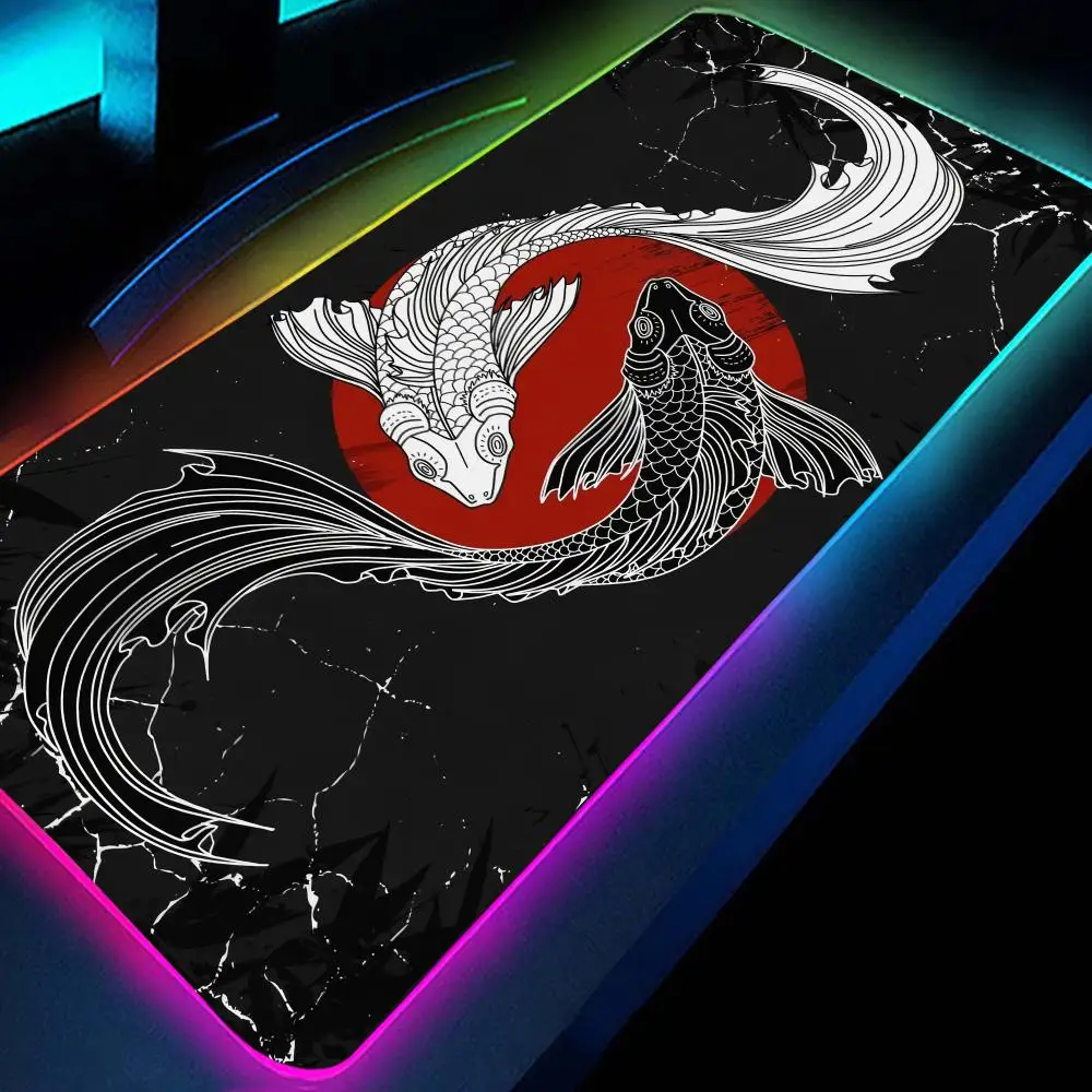 Большой коврик для мыши RGB Koi Fish Art светодиодный Yin Yang Gamer 40x90 клавиатуры настольный