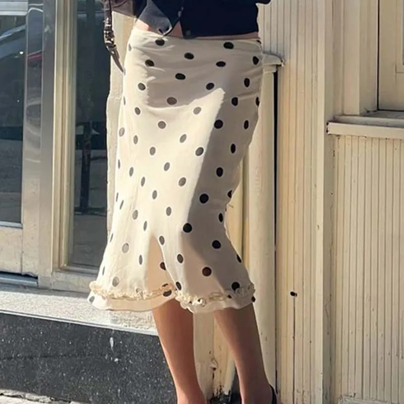 Винтажные юбки-миди в горошек 90-х годов Y2k Кокетка с низкой талией Прозрачная юбка