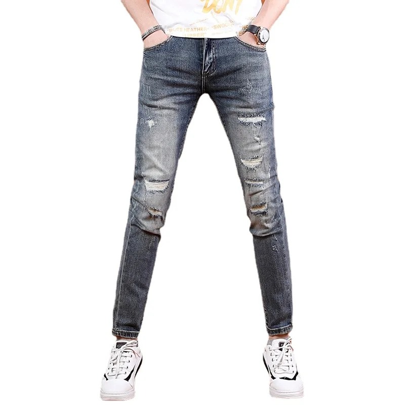 Ripped Jeans Men Summer Lightweight Slim Fit Pants 2022 New Streetwear Casual Vintage Blue Denim Trousers