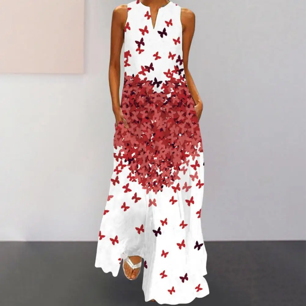 

Holiday Dress Loose Hem Maxi Dress Summer Feather Printing A-Line Maxi Dress