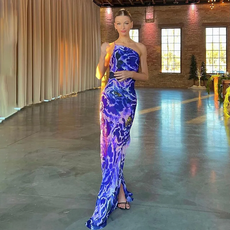 

Women Long Dress Summer 2022 Boho Style Sleeveless Fashion Print Oblique Shoulder Chiffon Maxi Dress High Slit Beach Holiday New