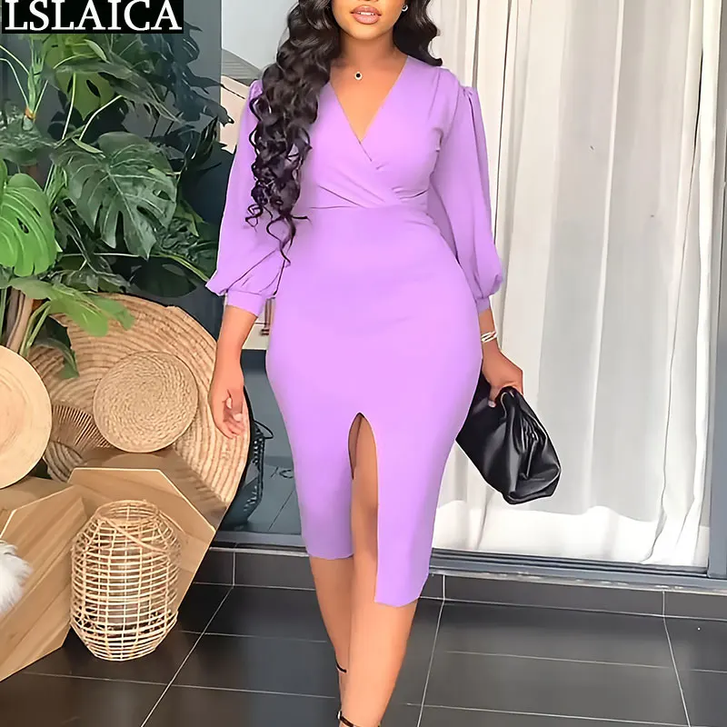 

Elegant Woman Dress Solid Fashion Office Lady Three Quarter Sleeve V Neck Midi Dresses Sexy High Waist Split Autumn Summer Dress
