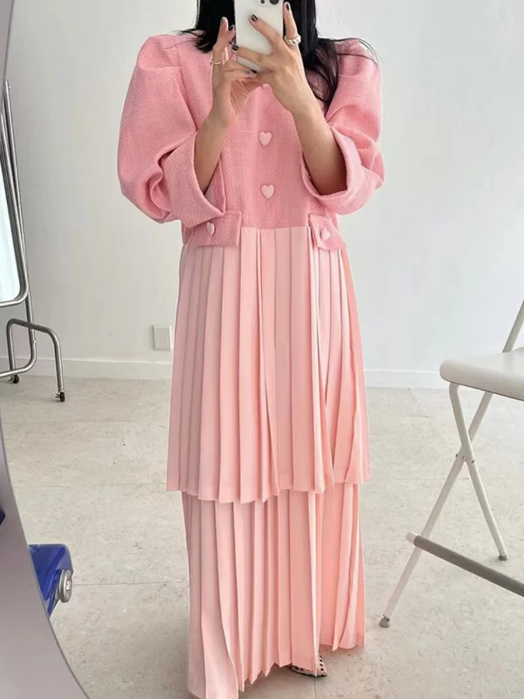 

Puff Sleeve Contrast Color Ladies Clothing Stitching Pleated Beautiful Dress Heart Button Ladies Vestidos 2022 Autumn New H171