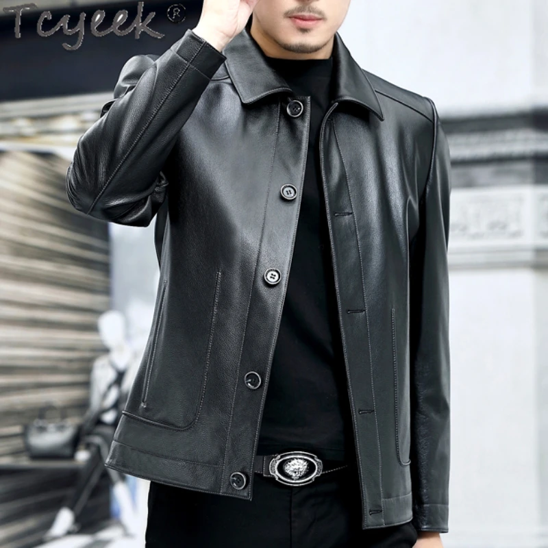 

Мужская кожаная куртка Tcyeek, короткая черная мотоциклетная куртка из 100% воловьей кожи, Chaquetas