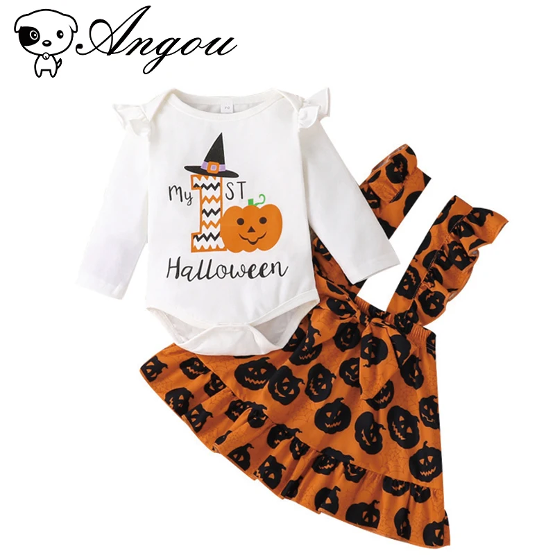 

Angou Girls Suit Halloween Skirt+Cartoon Pumpkin Skull Tutu Dress Kids White Pumpkin Print Top+Headband Halloween Clothing Suit