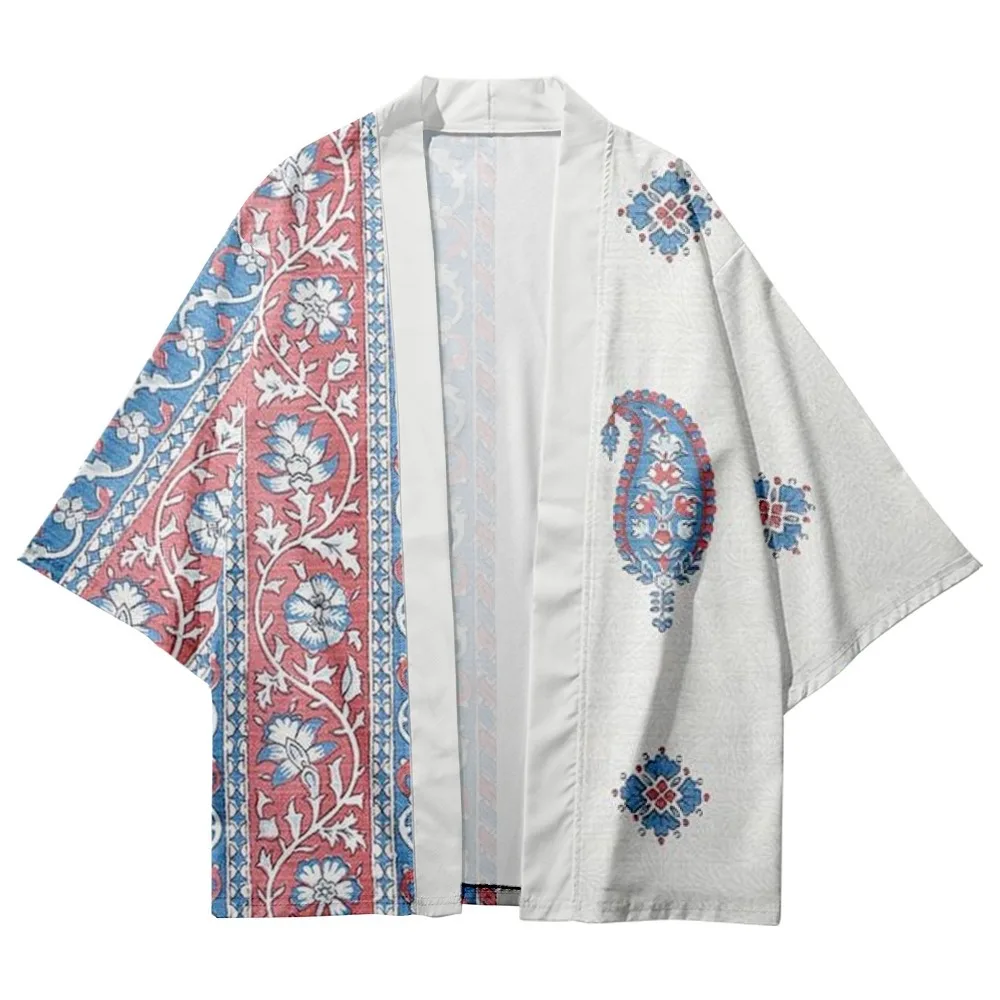 Japanese Style Traditional Cashew Flowers Print Kimono Men Women Yukata ...