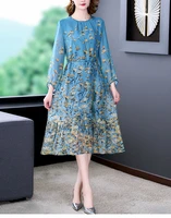 high quality blue print mulberry silk midi dress 2022women new elegant bodycon beach sundress summer korean vintage casual dress