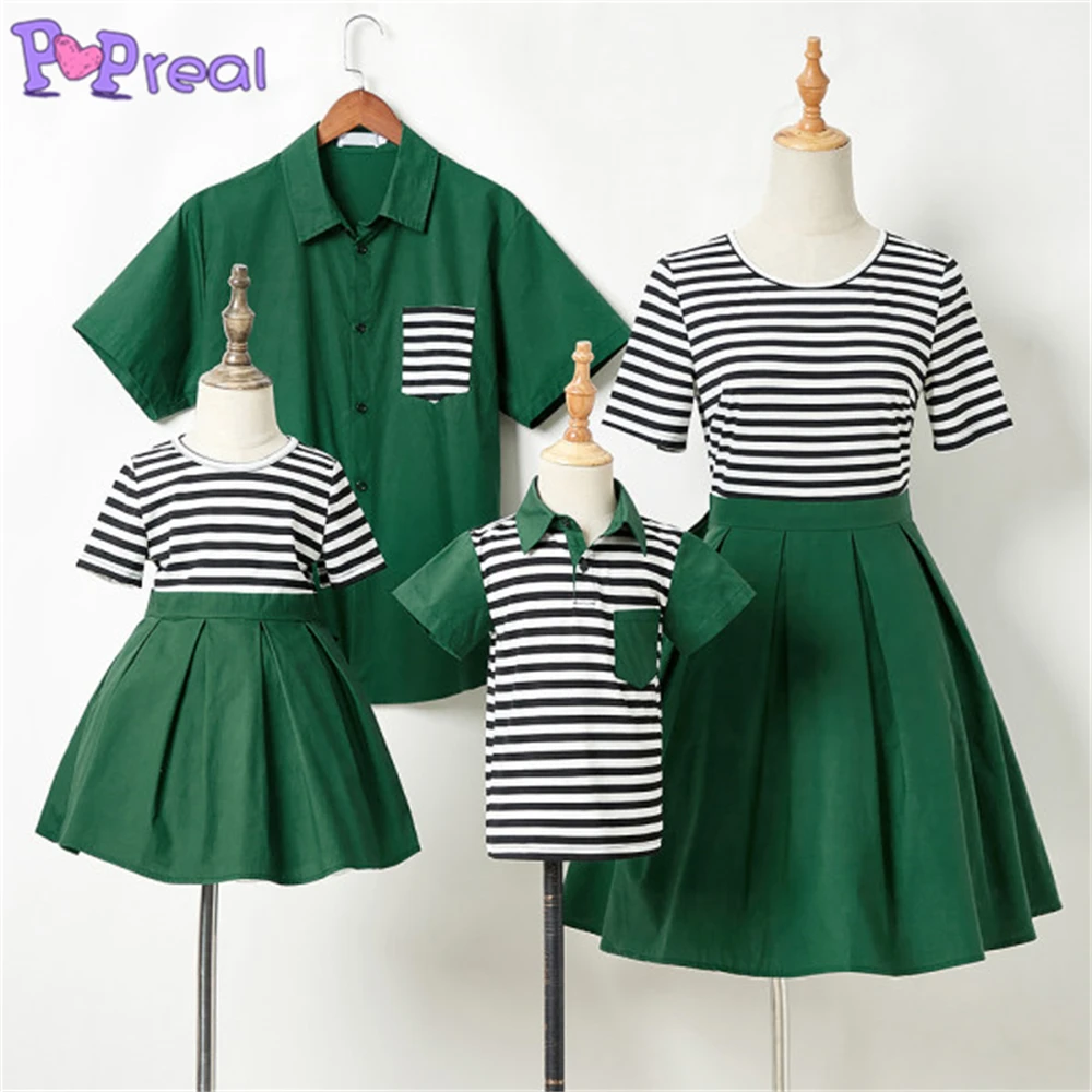

PopReal Summer Mother And Daughter Dress O-neck Striped Stitching Short Sleeve Shirt Father Son Suit Family Matching Outfits