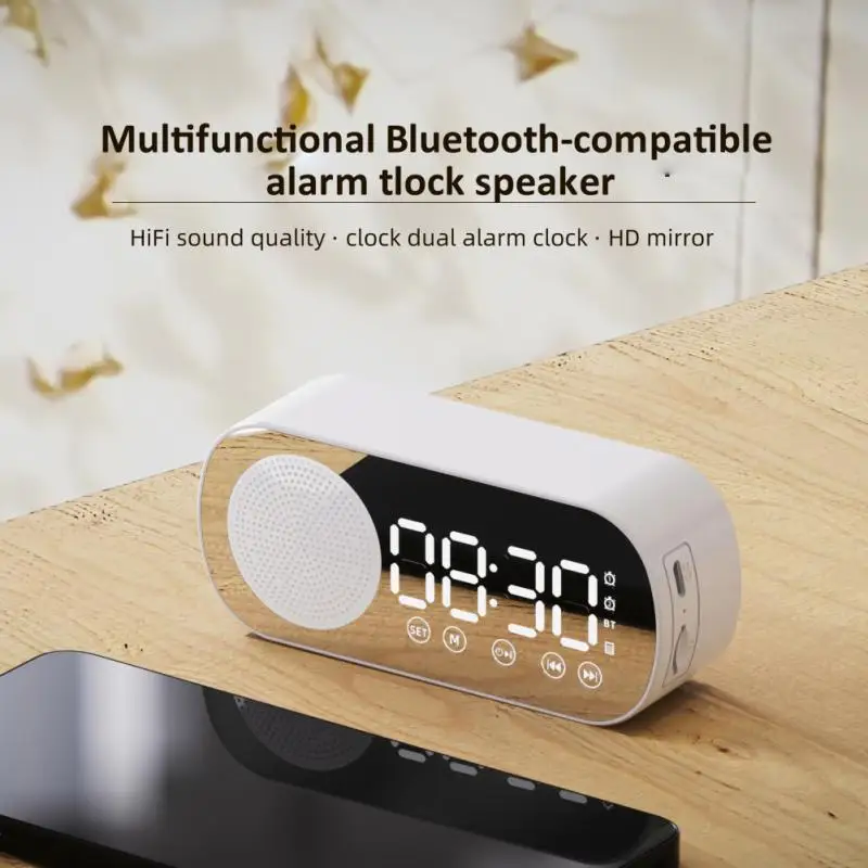 Quiet Wireless Speaker LED Mirror Digital Alarm Clock Radio FM Large Display Battery Bedroom Room Office Gift