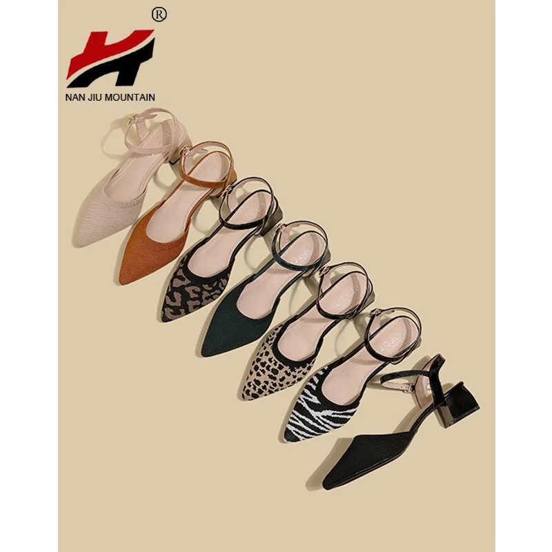 

2022 Women Sandals Spring Summer Pointed Toe Single Shoes Mid Heel Chunky Heel Knitted Shoes Woman Simple