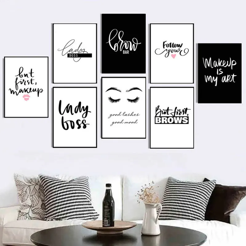 

Black And White Fashion Eyelashes Poster Prints Nordic Literal Follow You Canvas Painting Girl Room Home Decor Wall Art Pictures