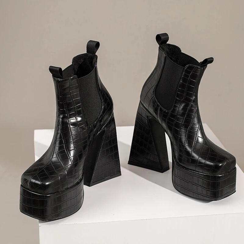 Big Size 46 Stone Print Women Square toe Short Boots Triangle Chunky Heels Shoes Platform Booties Custom Logo Available