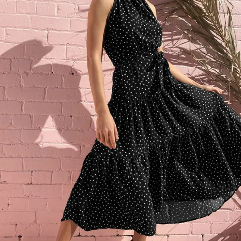 

Женское платье-макси с завышенной талией и лямкой на шее, летние праздничные пляжные женские модные платья-трапеции с цветочным принтом, 2021