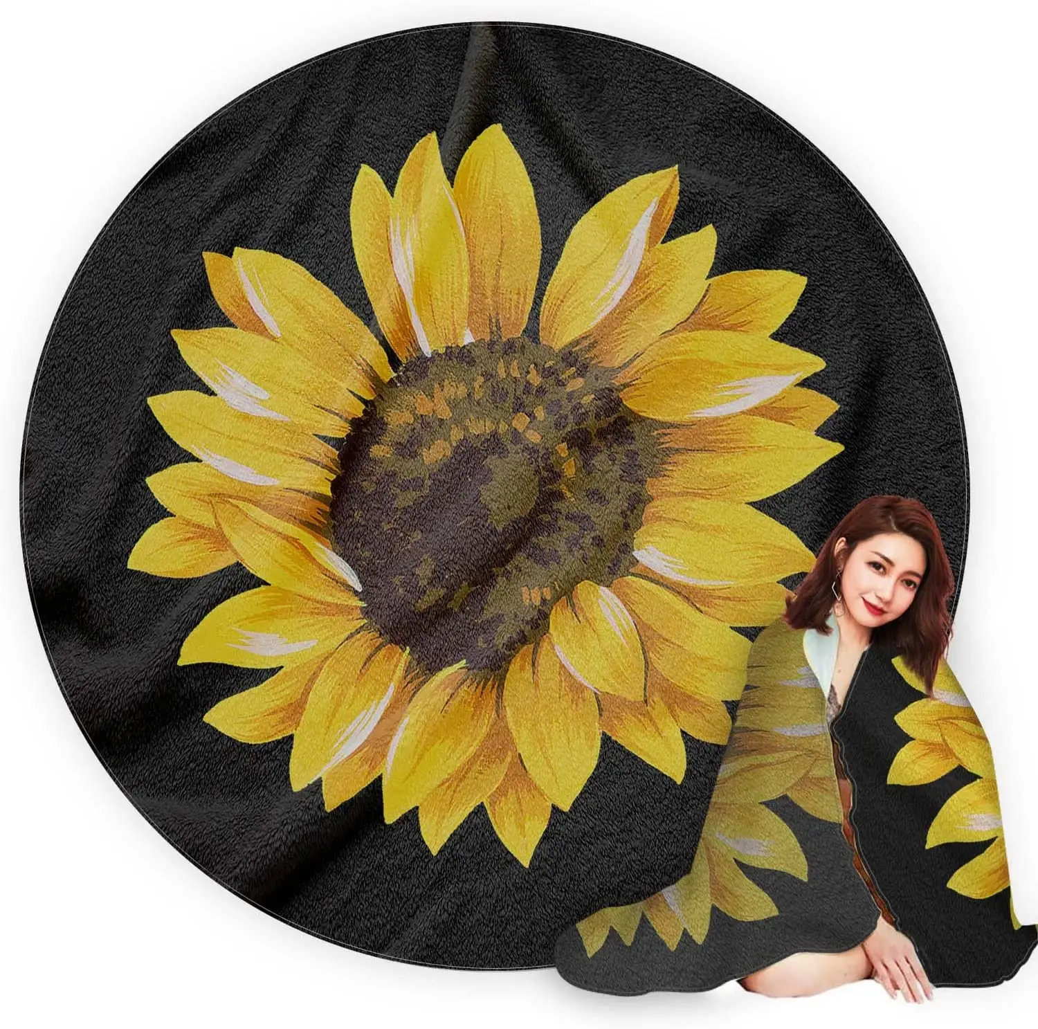 Sunflower Round Throw Blanket, Soft Cozy Lightweight Microfi