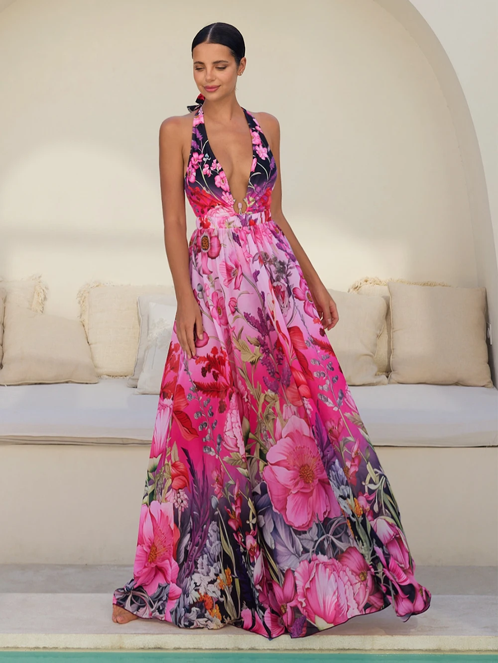 Слитный купальник с V-образным вырезом и цветочным принтом 2024