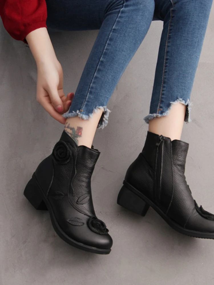 Ботинки женские зимние из натуральной кожи до щиколотки с круглым носком