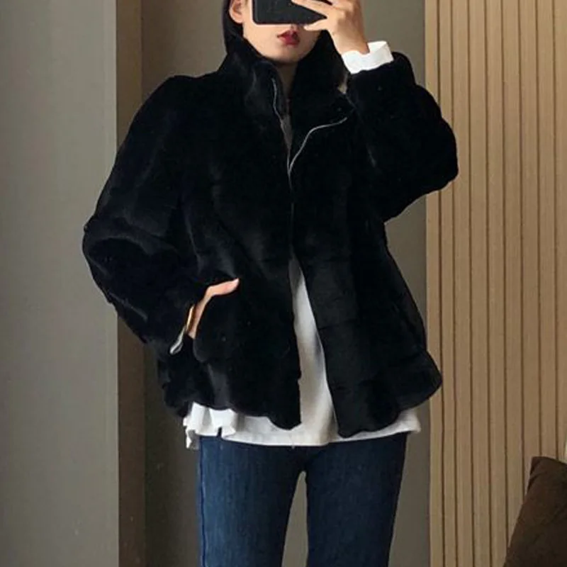 Autumn Winter Warm Stand Collar Faux Fur Jeacket Women Long Sleeve Plush Short Coat Woman Zipper Coats Ladies