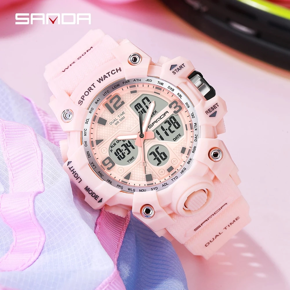 SANDA Fashion Sports Women's Watches Multifunction Waterproof Watch Analog Digital Wristwatch Casual Clock Relogio Feminino 942