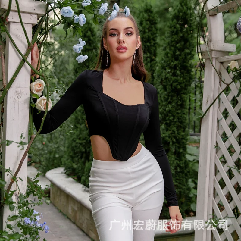 

Туника вязаная в обтяжку, топ с квадратным вырезом, повседневный модный топ, вязаный крючком Топ y2k в готическом стиле