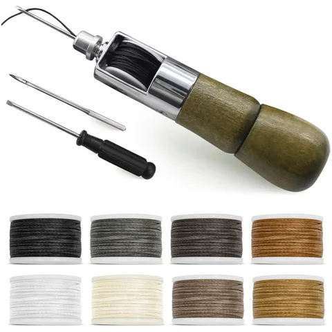 Kit de costura de cuero Herramientas de costura a mano y carrete de reemplazo de agujas de costuras de hilos encerados para tela de marca de cuero