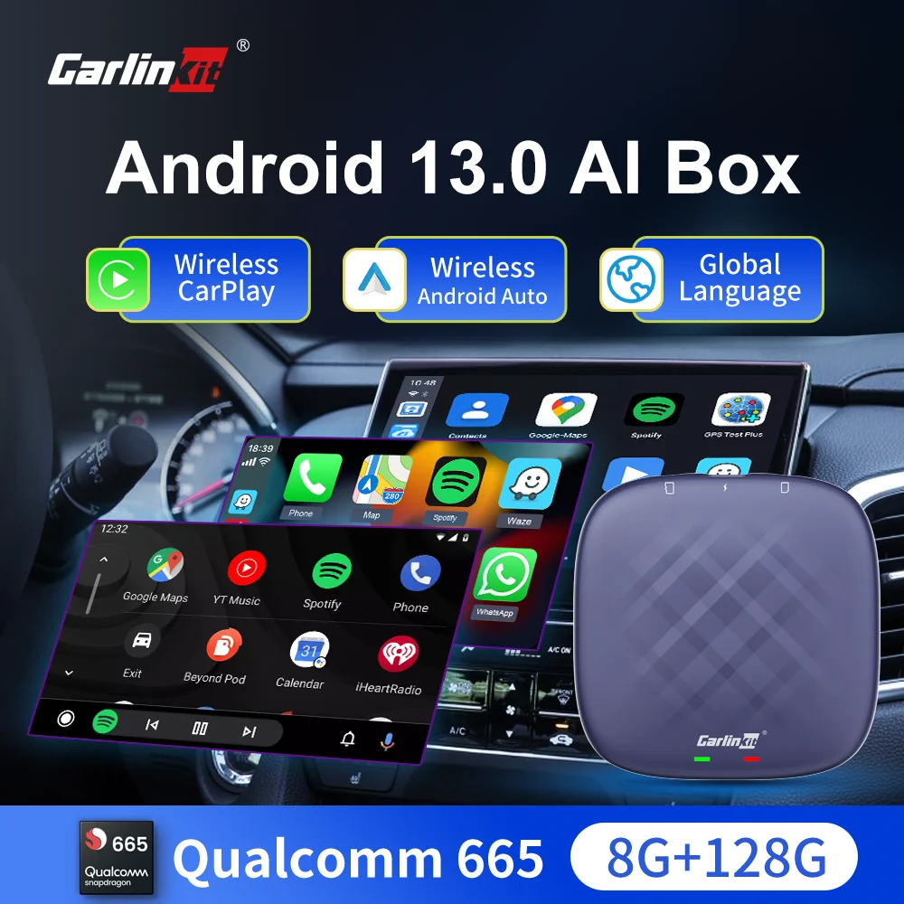CarlinKit CarPlay AI Box Android 13 QCM665 8GB 128GB 3-IN-1 CarPlay Wireless Android Auto Adapter Autoconnect Support Play Video