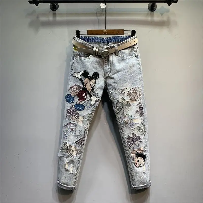 

Disney Mickey Mouse Pants Vintage High Waist Jeans Woman Girlfriends Women's Jeans Full Length Mom Jeans Cowboy Denim Pants