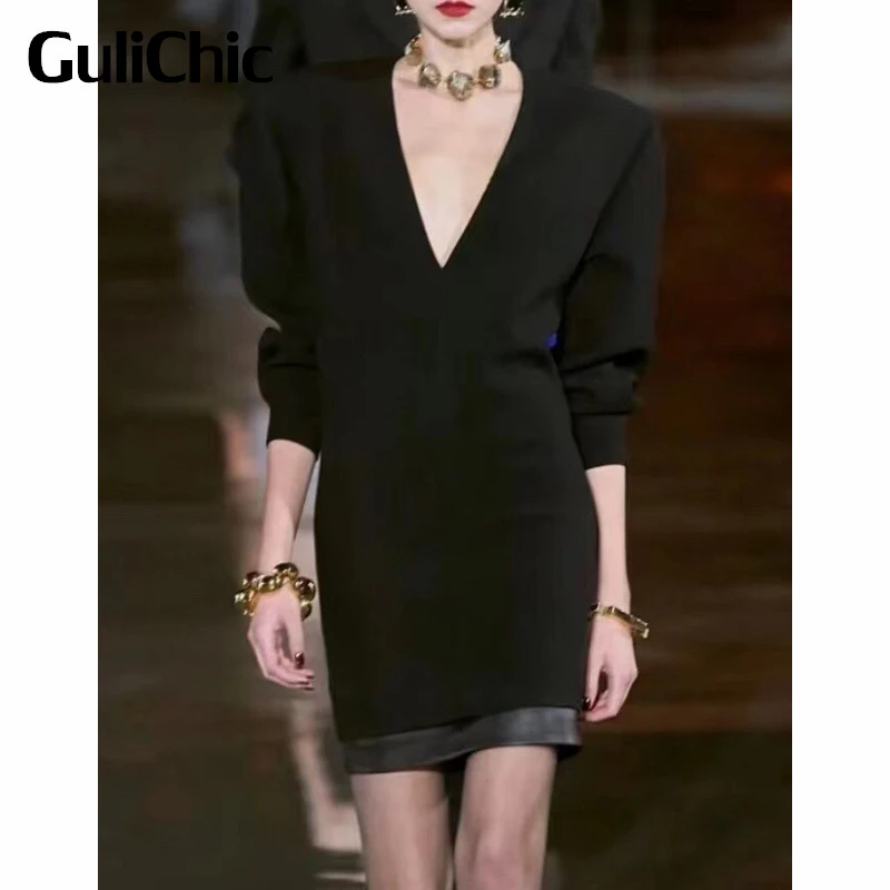 7.2 GuliChic Women Temperament V-Neck Shoulder Pads Slim Collect Waist Wool Black Dress