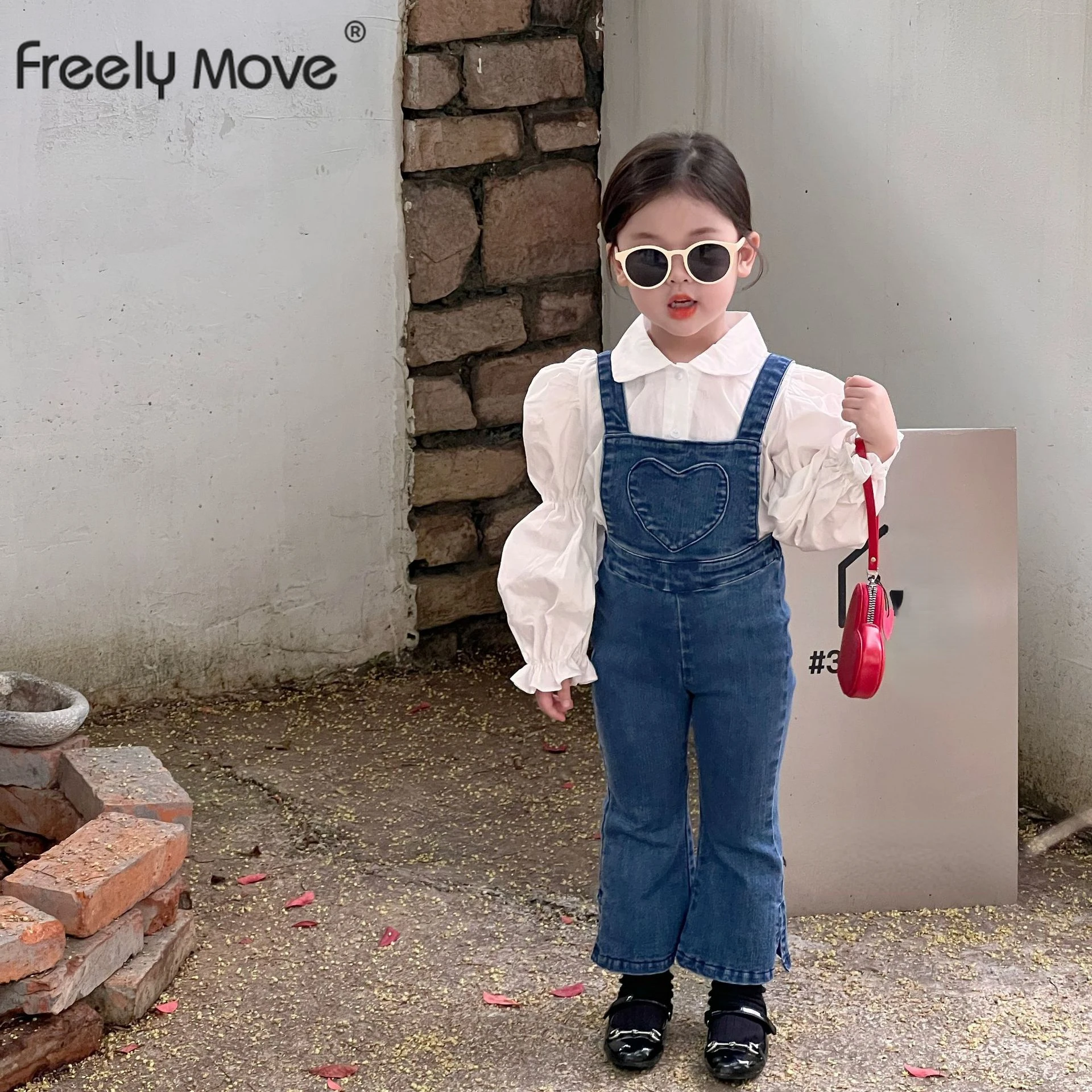 

Freely Move 2022 Korean Autumn Kids Children Solid Flare Denim Overalls Baby Clothes Boys Girls Loose All-match Casual Pants