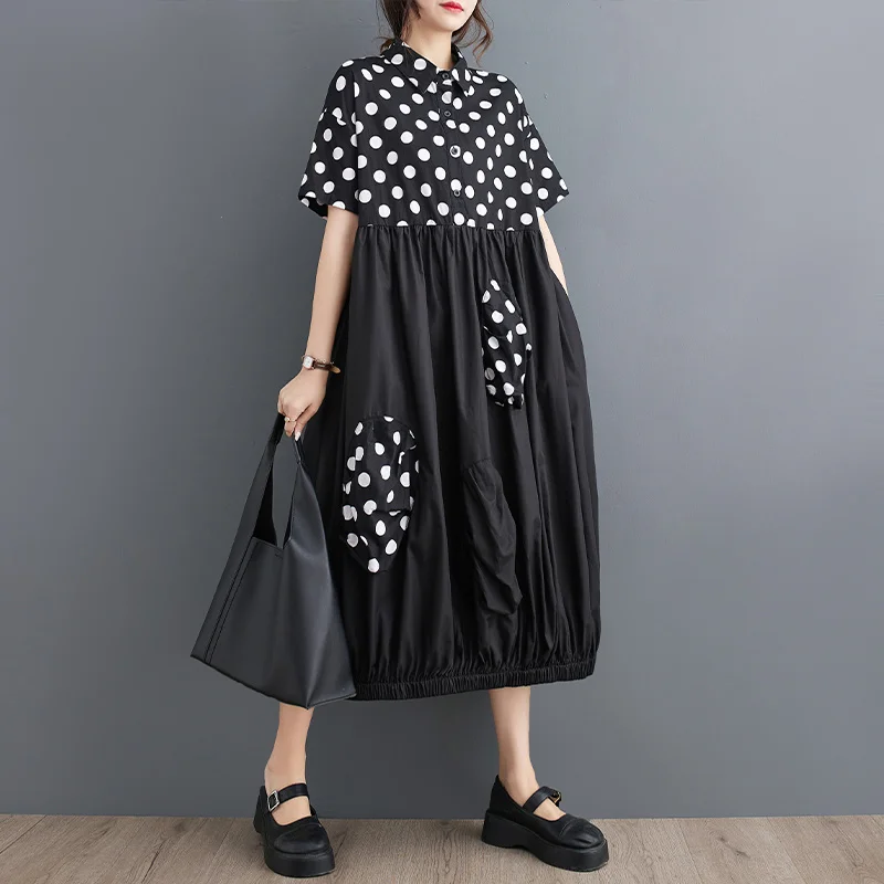 

#3972 Polka Dot Printed Shirt Dress Polo-neck Buttons Spliced Color Asymmetrical Midi Dress Short Sleeve Loose Pockets Summer