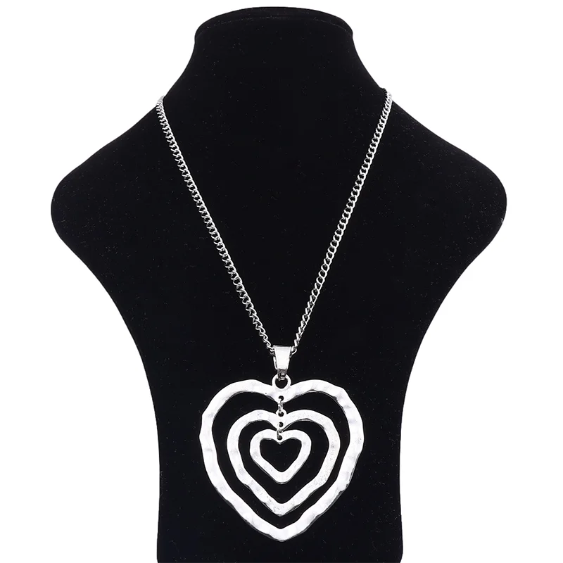 

1 x Tibetan Silver Large Three Layers Hollow Open Heart Love Jewelry Pendant Necklace on Long Link Chain Lagenlook 34"