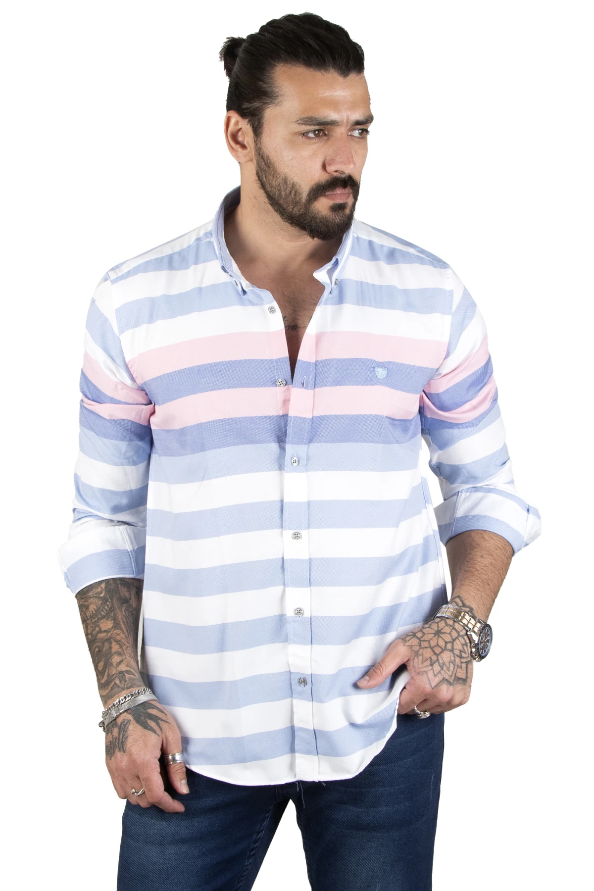 DeepSEA horizontal thick striped dotted patterned men's shirt 2207519