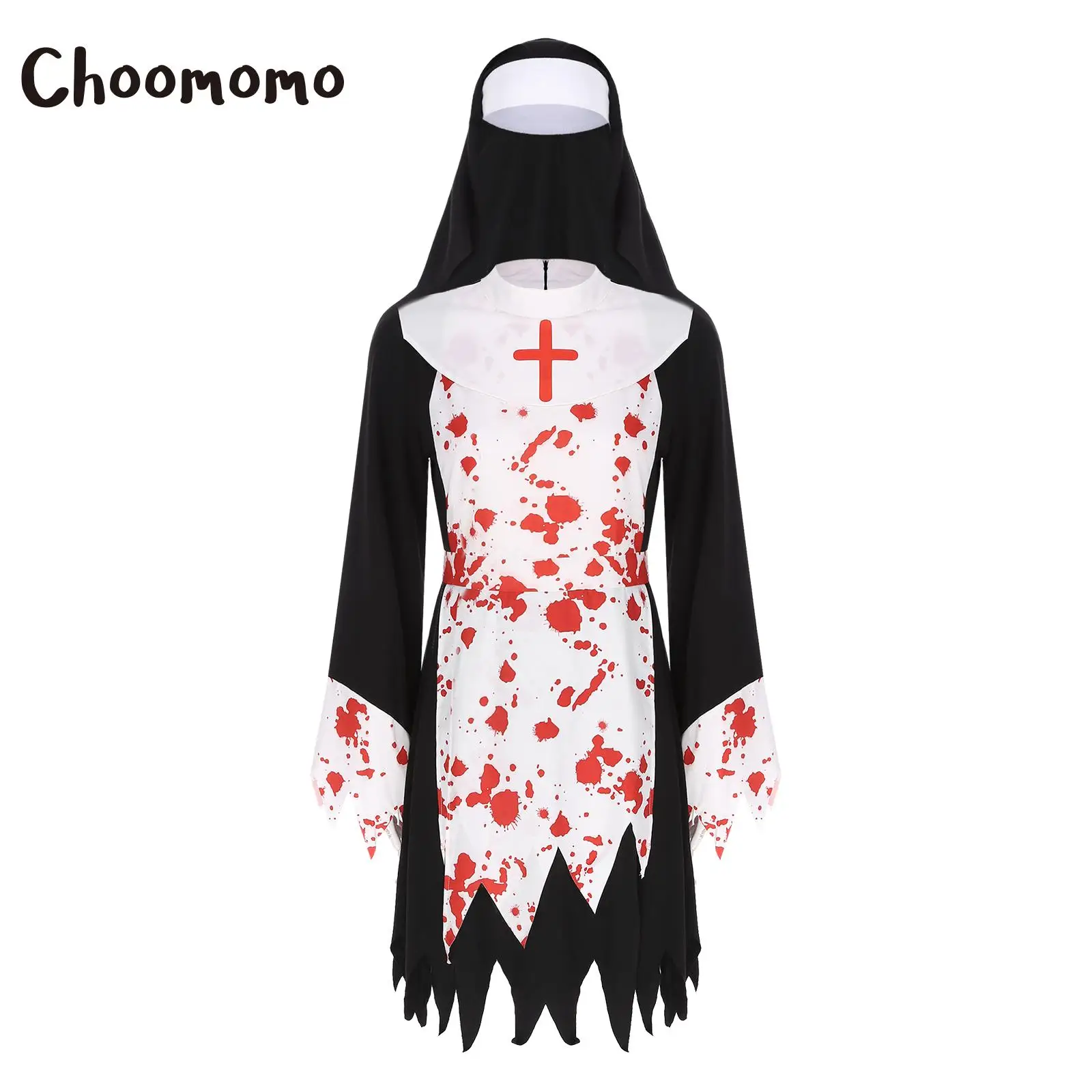 

Choomomo Women Nun Role Play Outfits Blood Printed Long Sleeve Irregular Hem Dress with Hat Mock Neck Dress for Halloween Wears