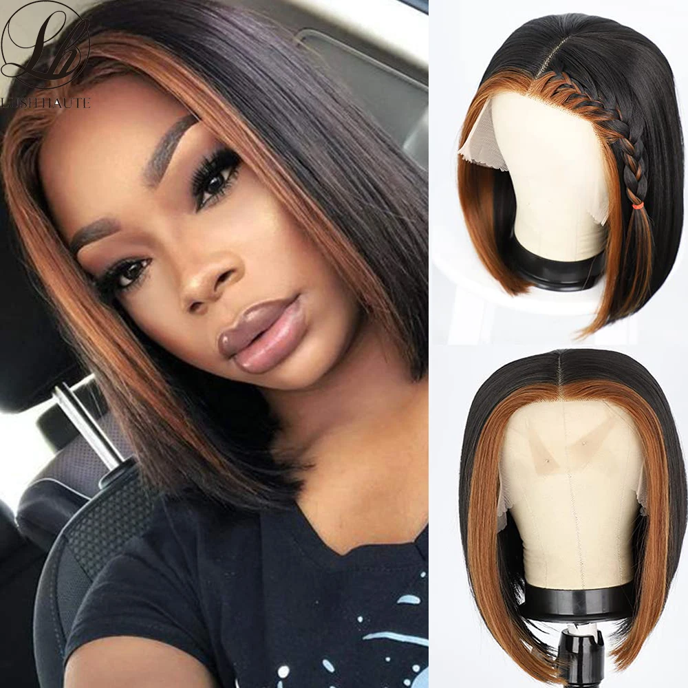 

Синтетические блики Боб парики Короткие прямые Т-образные кружевные передние парики для женщин Шоколадно-коричневые блики Парики Термосто...